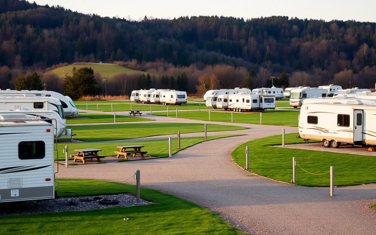 Campers and RVs parked on gravel pads at a grassy campground below wooded hills