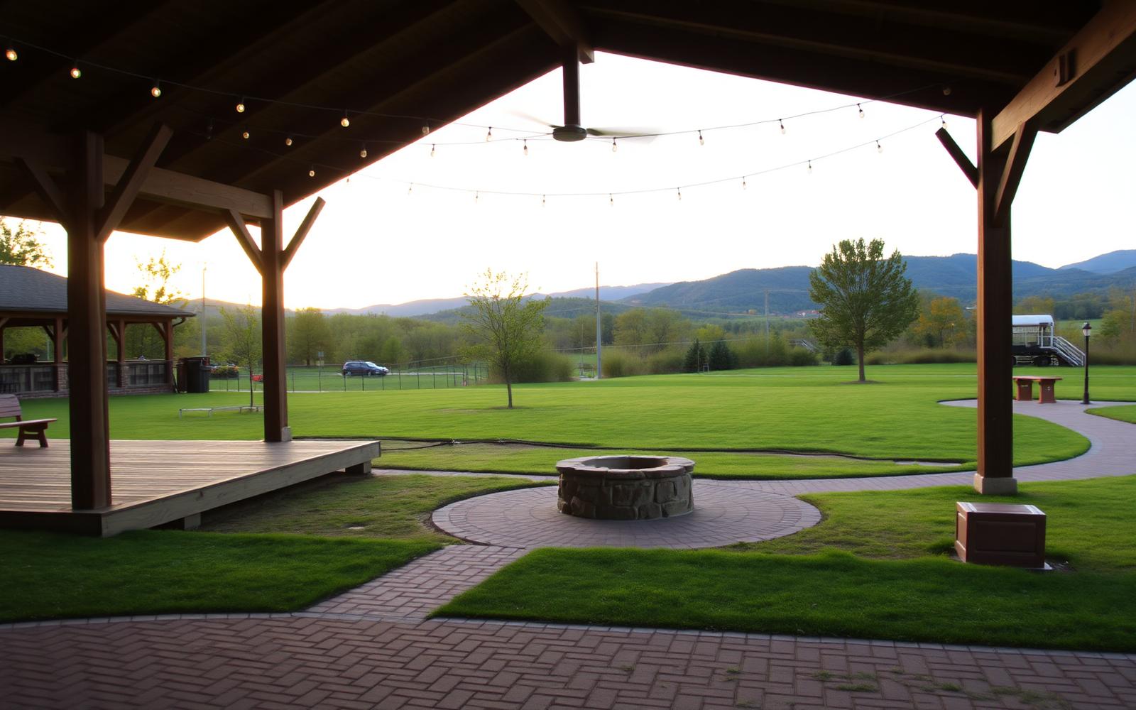 A covered pavilion stage facing an open lawn with a stone fire pit and string lights
