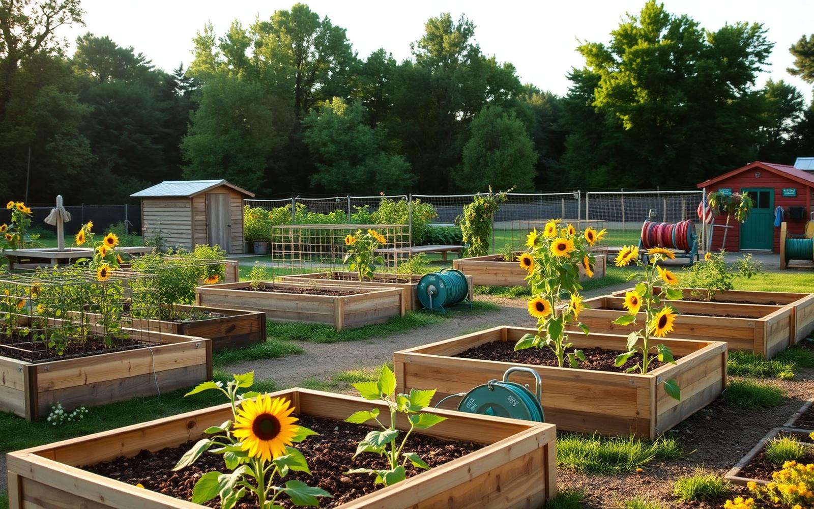 Raised wooden garden beds with sunflowers and vegetables at a community garden