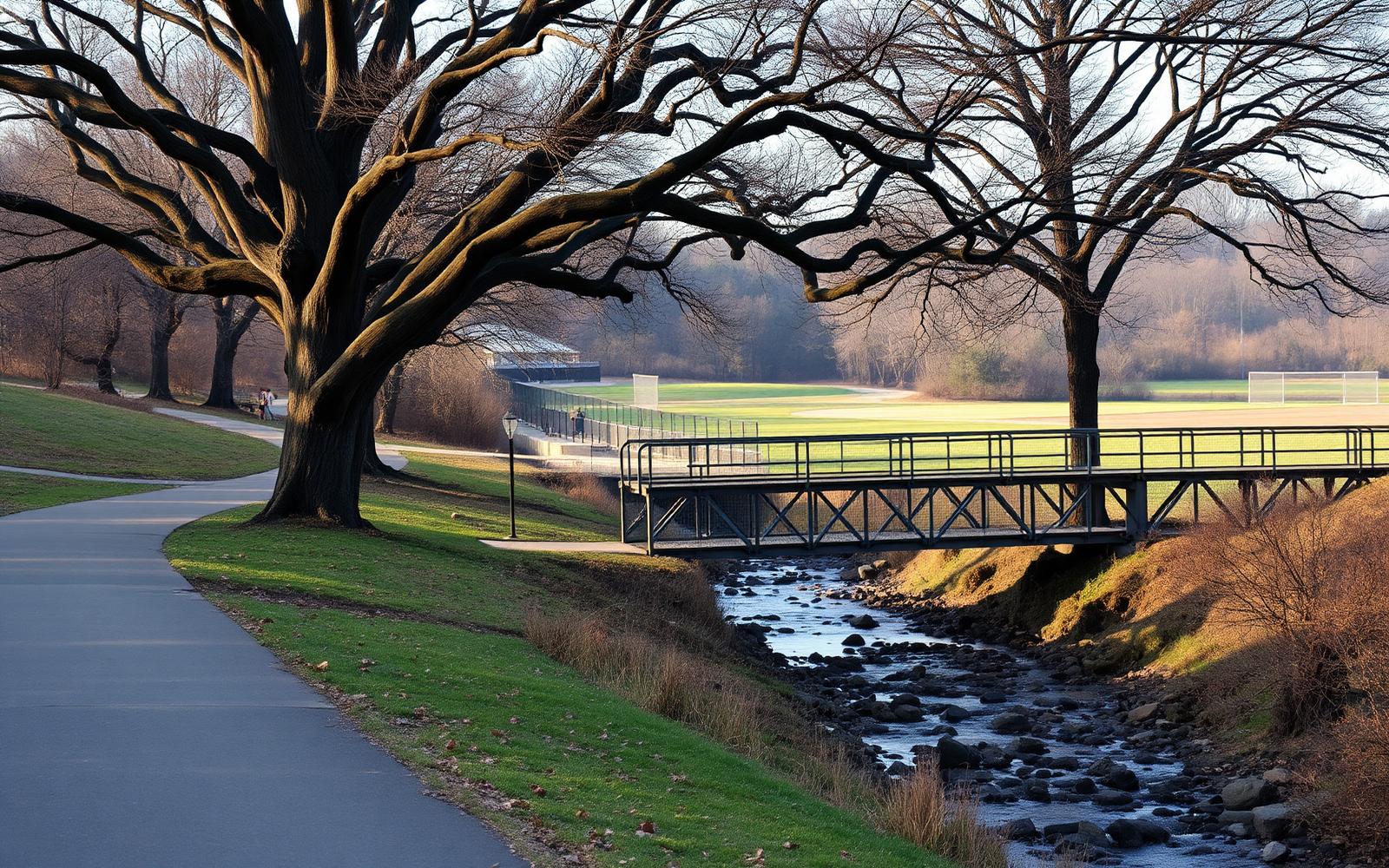 A paved greenway beside Cub Creek with a steel pedestrian bridge and ball fields beyond