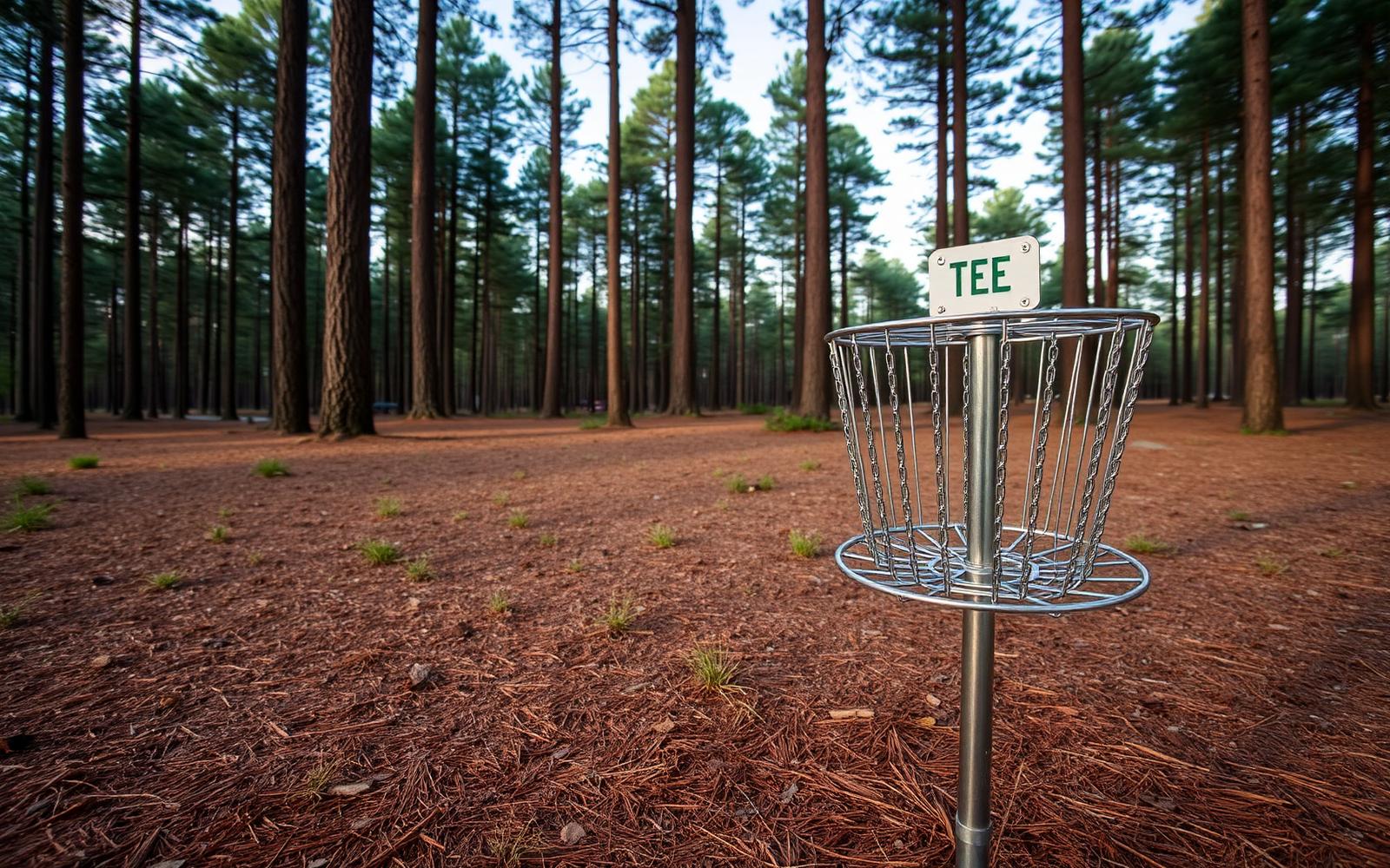 A metal disc golf basket on a pine-needle floor among tall pines