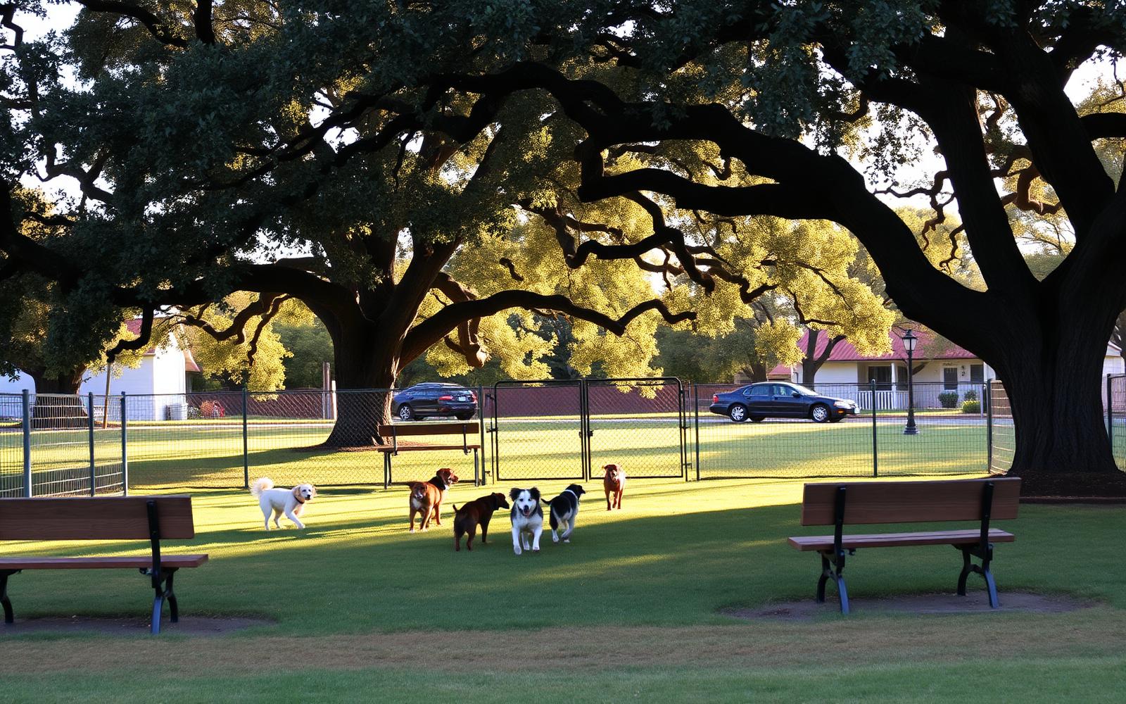 Dogs running on grass inside a fenced off-leash dog park under large oaks