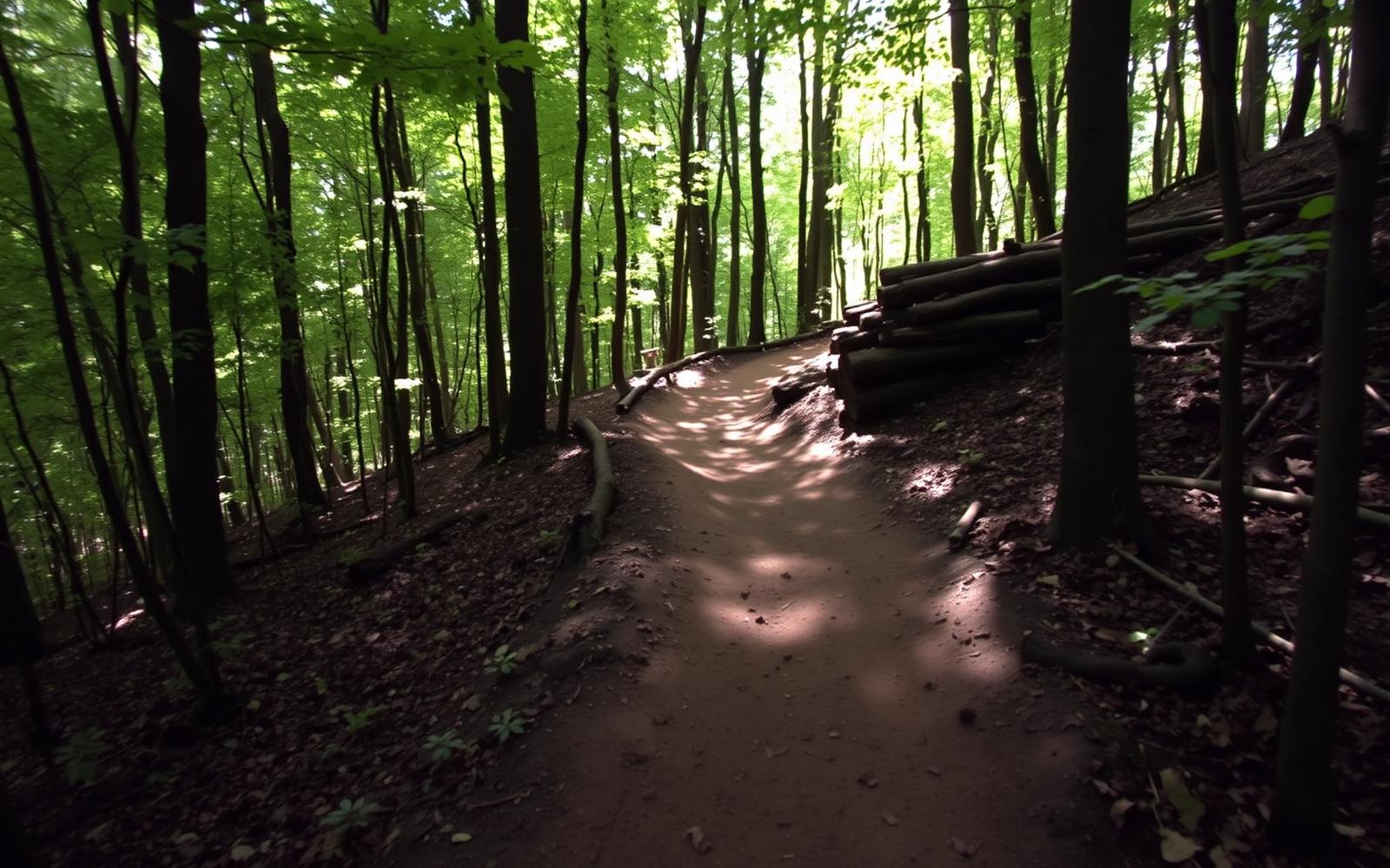 A narrow dirt mountain bike singletrack trail winding through a hardwood forest