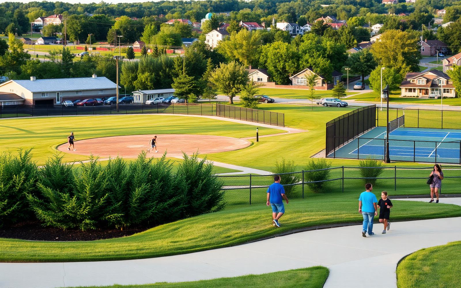 A small-town park with a baseball diamond, tennis courts and families on a greenway