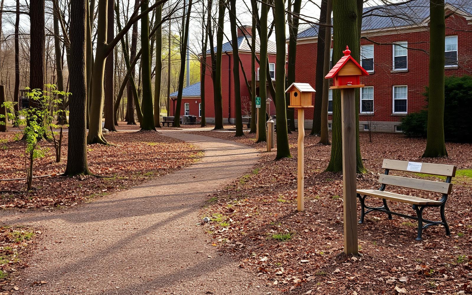A mulched nature trail with birdhouses on posts beside a brick civic building