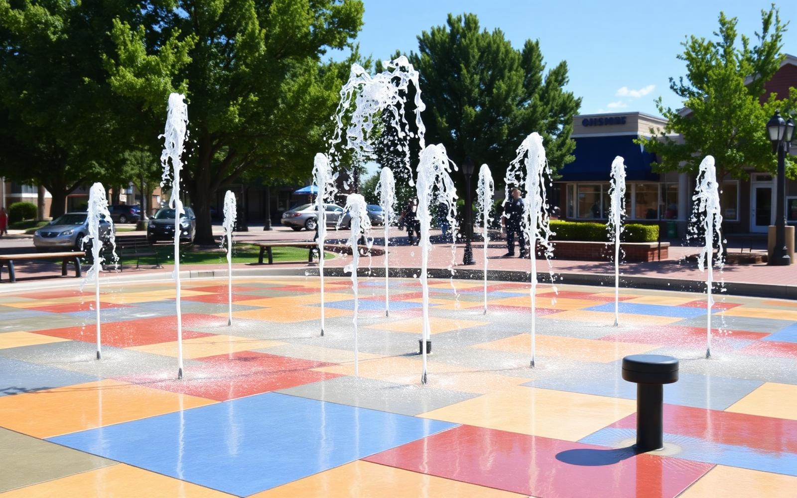 Water jets arcing over a colorful quilt-patterned downtown splash pad