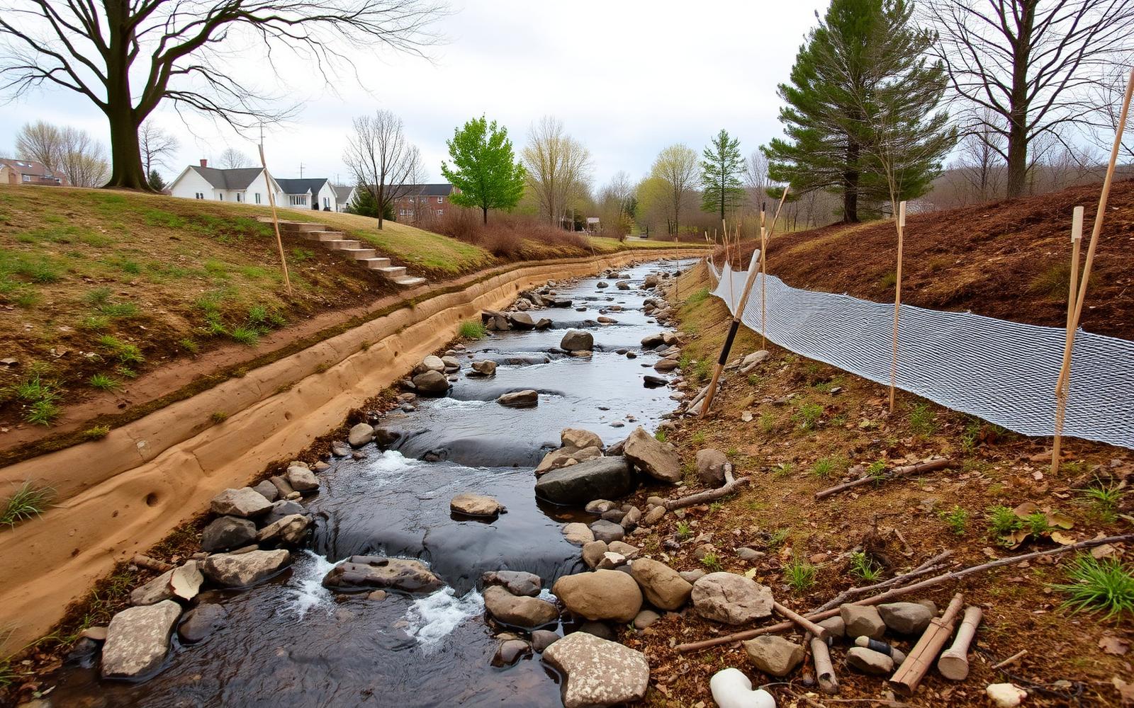 A restored creek channel with rock riffles, graded banks and new streamside plantings