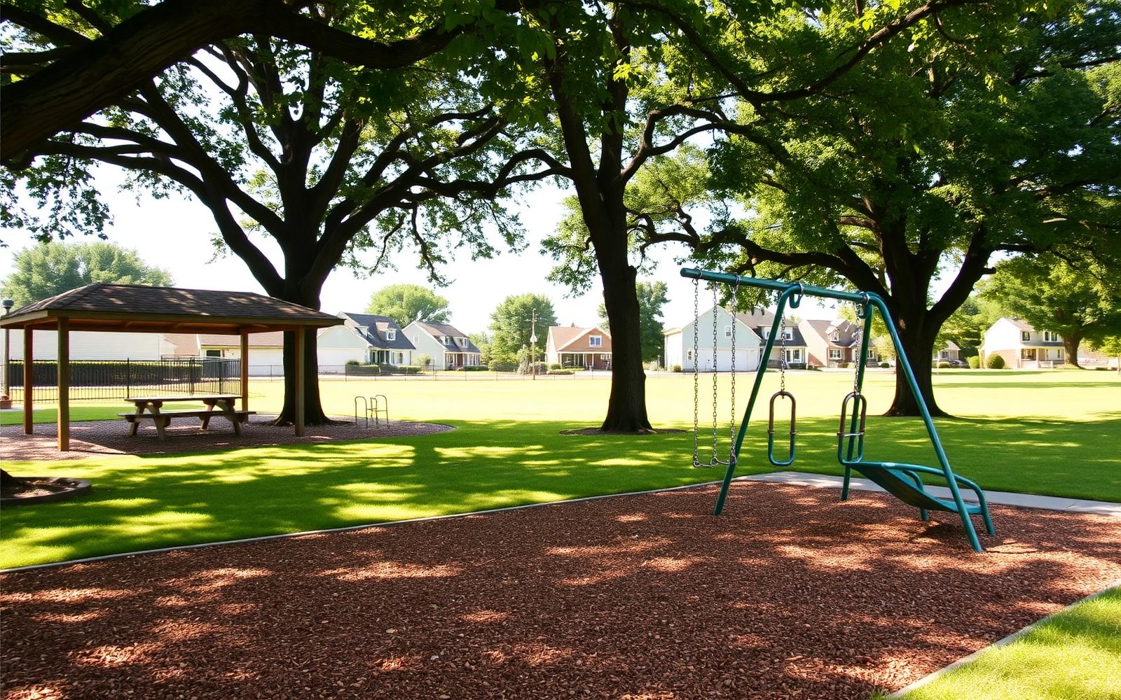 A neighborhood park playground with swings, a picnic shelter and shade trees