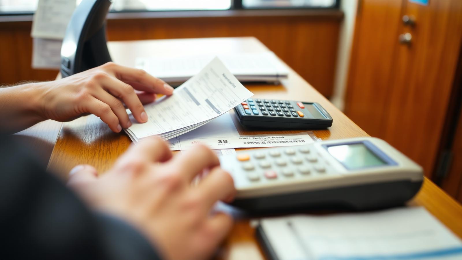 Hands paying a paper utility bill at a town hall counter with a card reader and calculator