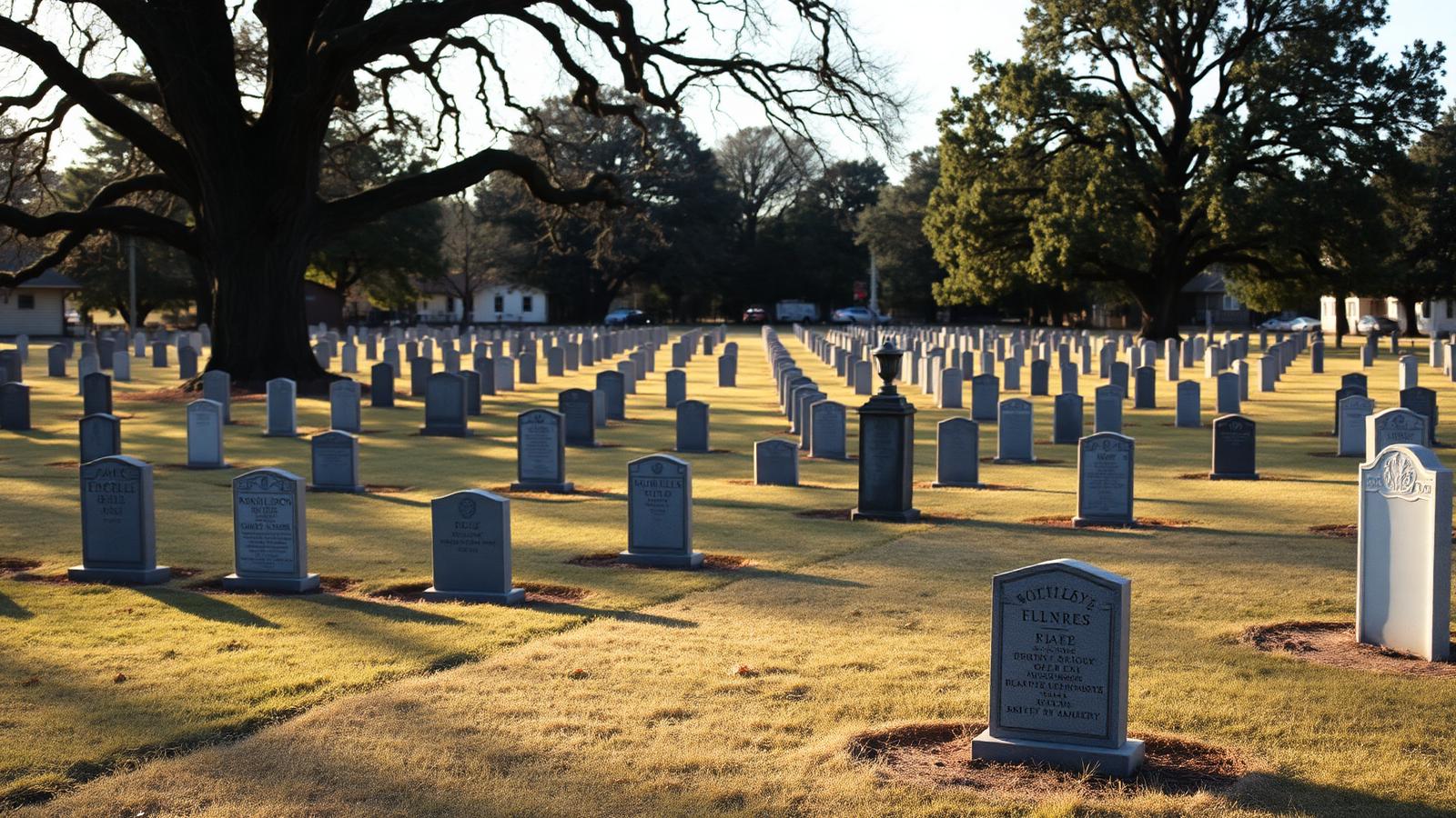 Rows of granite headstones on a mown cemetery lawn beneath large oak trees