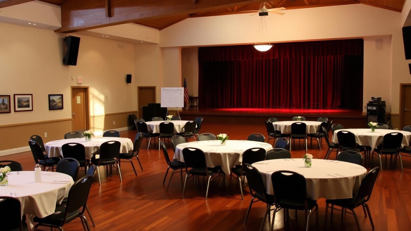 A community event hall set with round tables and chairs facing a curtained stage