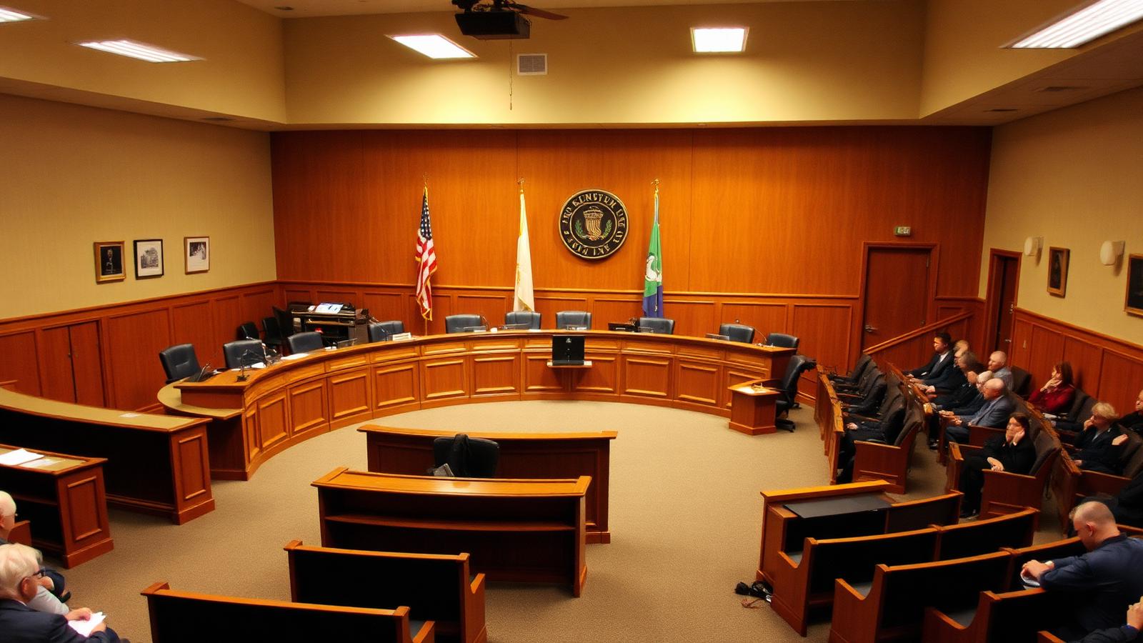 A small-town council chamber with a curved wooden dais, microphones, flags and public seating