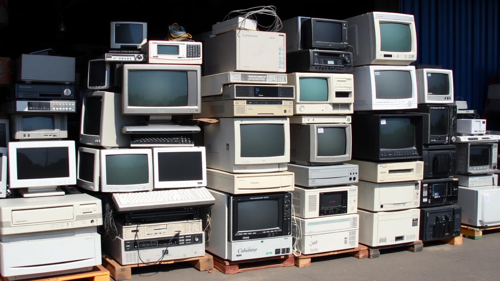 Old computers, monitors and televisions stacked on pallets at an electronics recycling drop-off