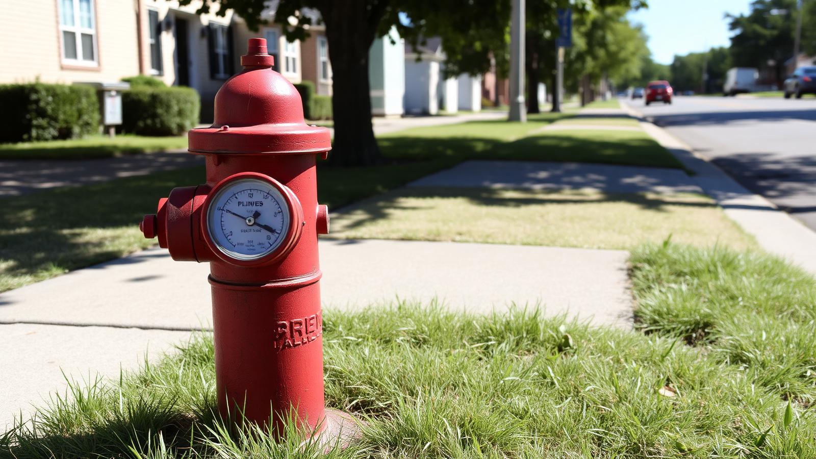 A red fire hydrant with a pressure gauge attached beside a neighborhood sidewalk