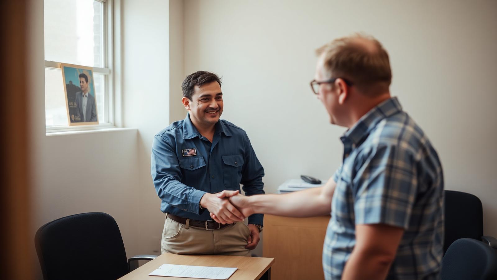 A town employee in uniform shaking hands with a new hire in an office