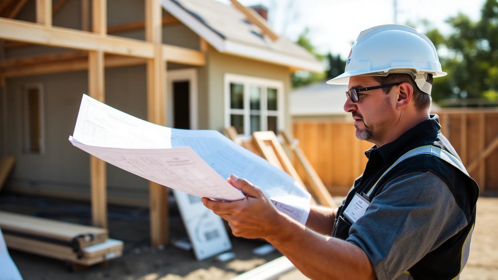 An inspector in a hard hat reviewing construction plans at a residential job site