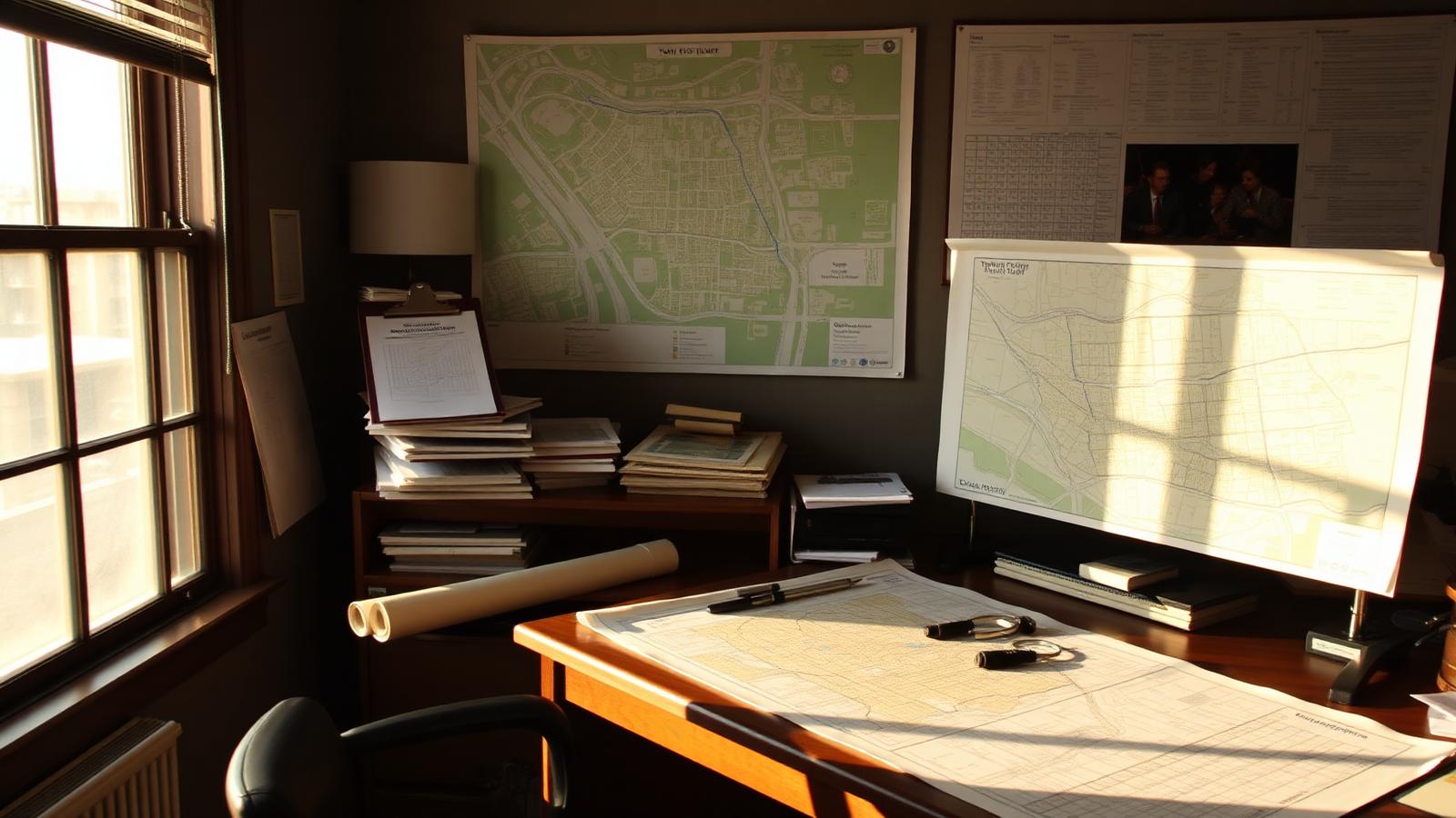 Rolled zoning maps and a large land use map spread across a planning office desk