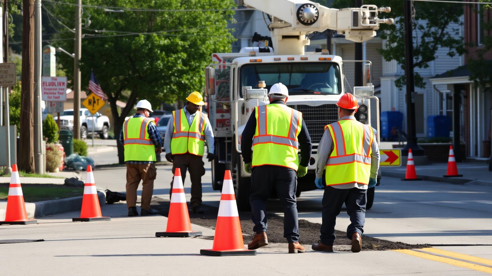 A public works crew in safety vests repairing a street beside a utility truck and traffic cones