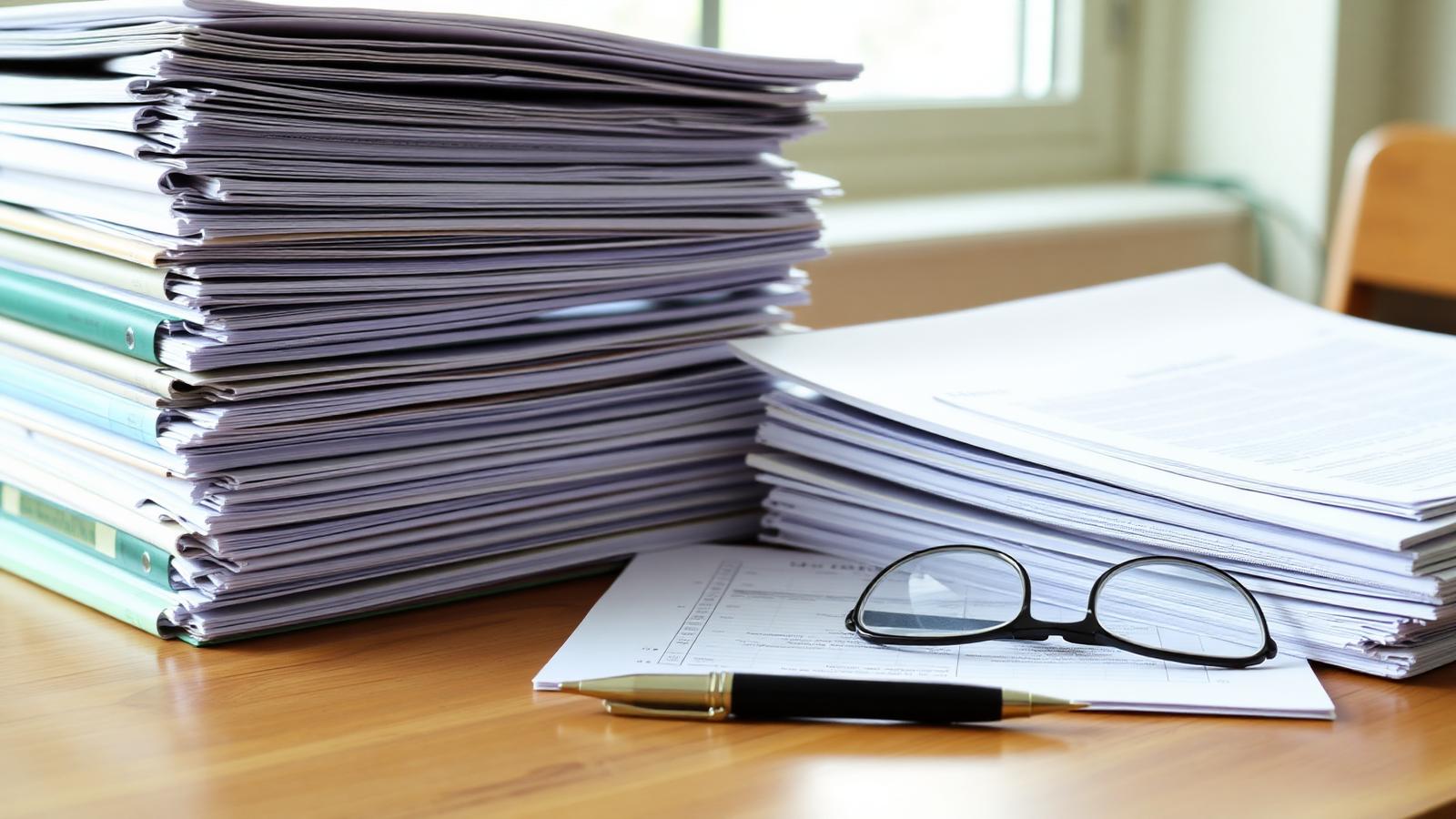 Stacks of municipal reports and paperwork on a wooden table with reading glasses and a pen