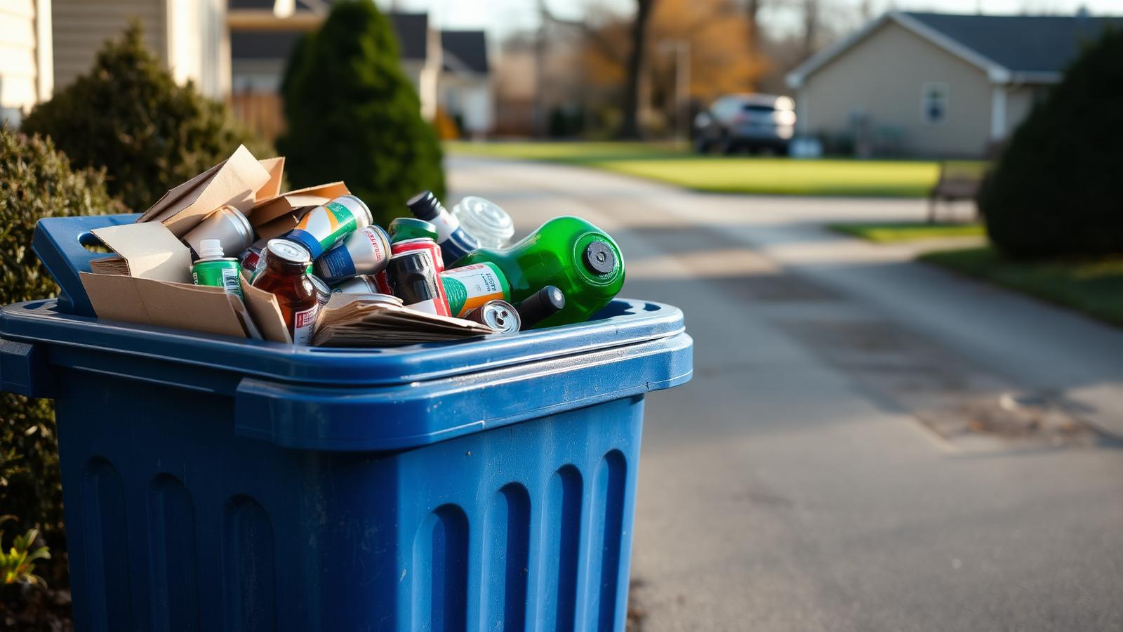 A blue curbside recycling cart filled with cardboard, cans and bottles at the end of a driveway