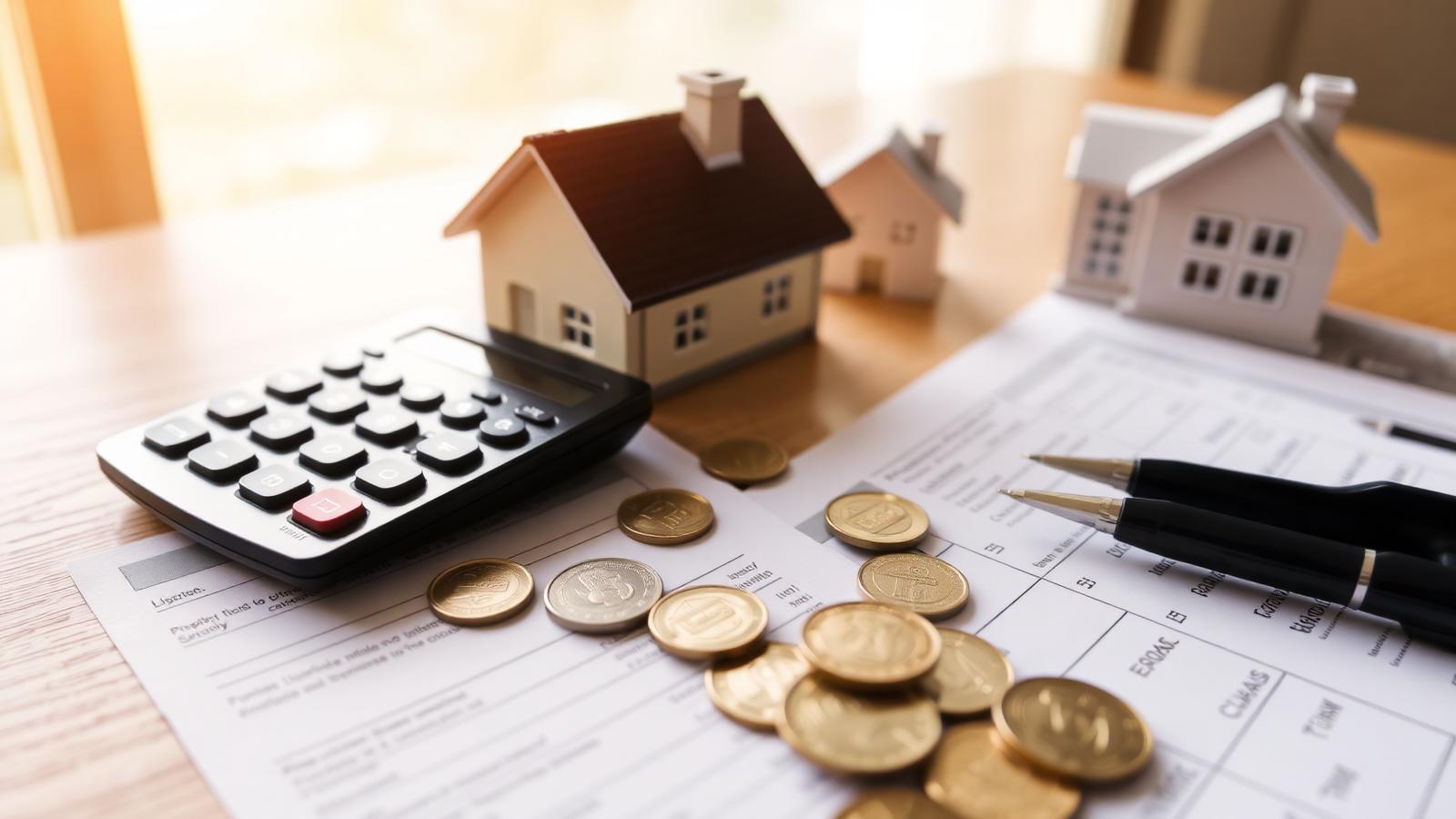 A calculator, coins, tax paperwork and small model houses on a wooden desk