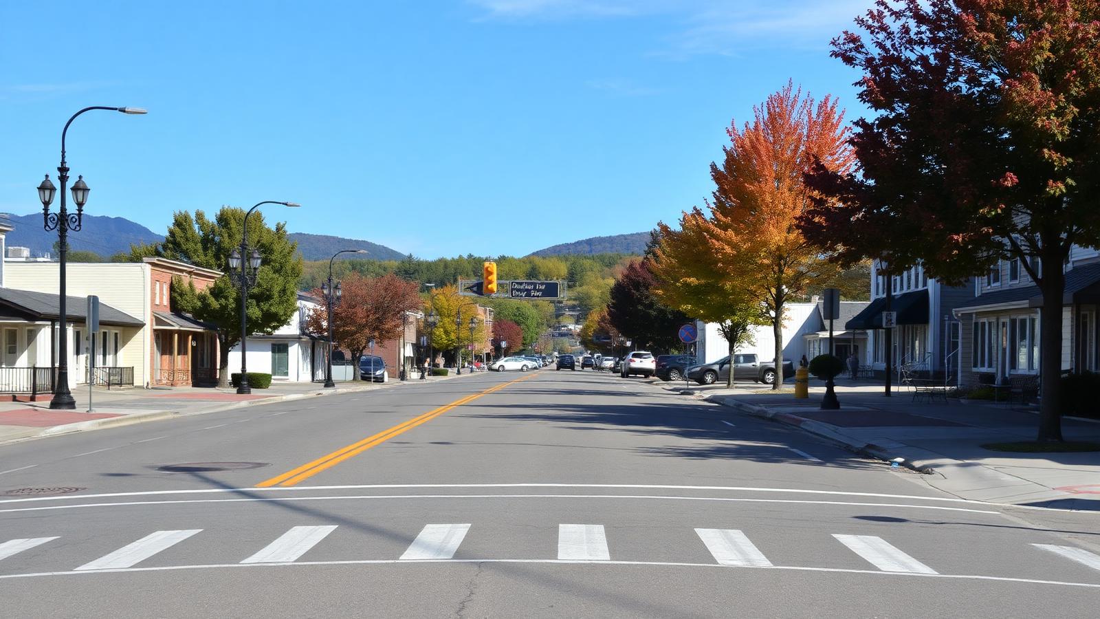 A quiet small-town street with a crosswalk, sidewalks and the Blue Ridge foothills beyond