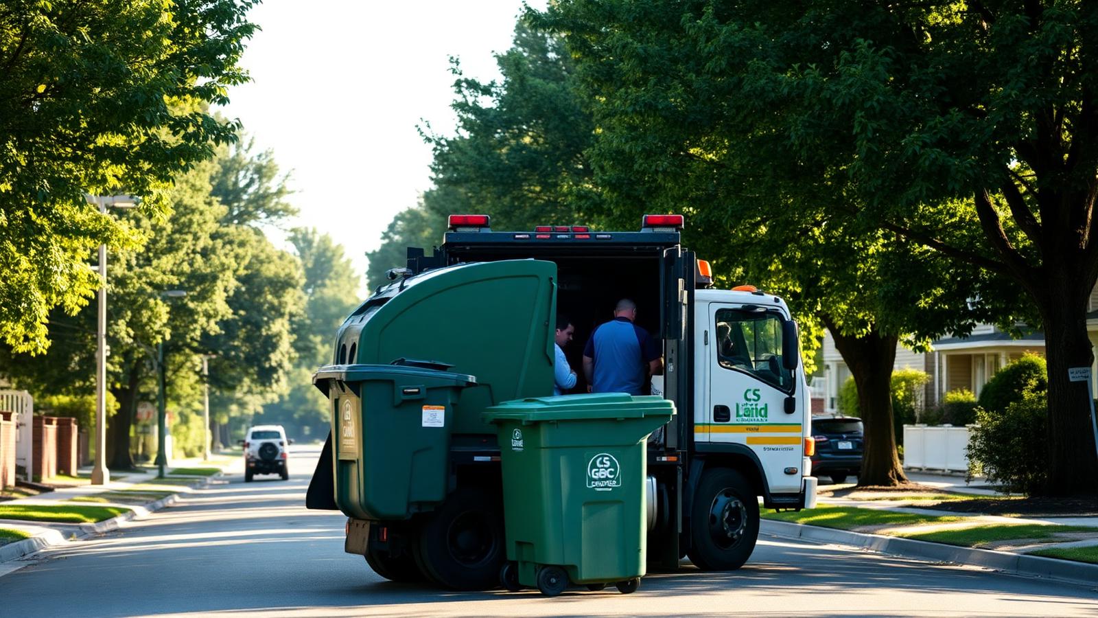 A collection truck emptying a roll-out trash cart on a tree-lined residential street