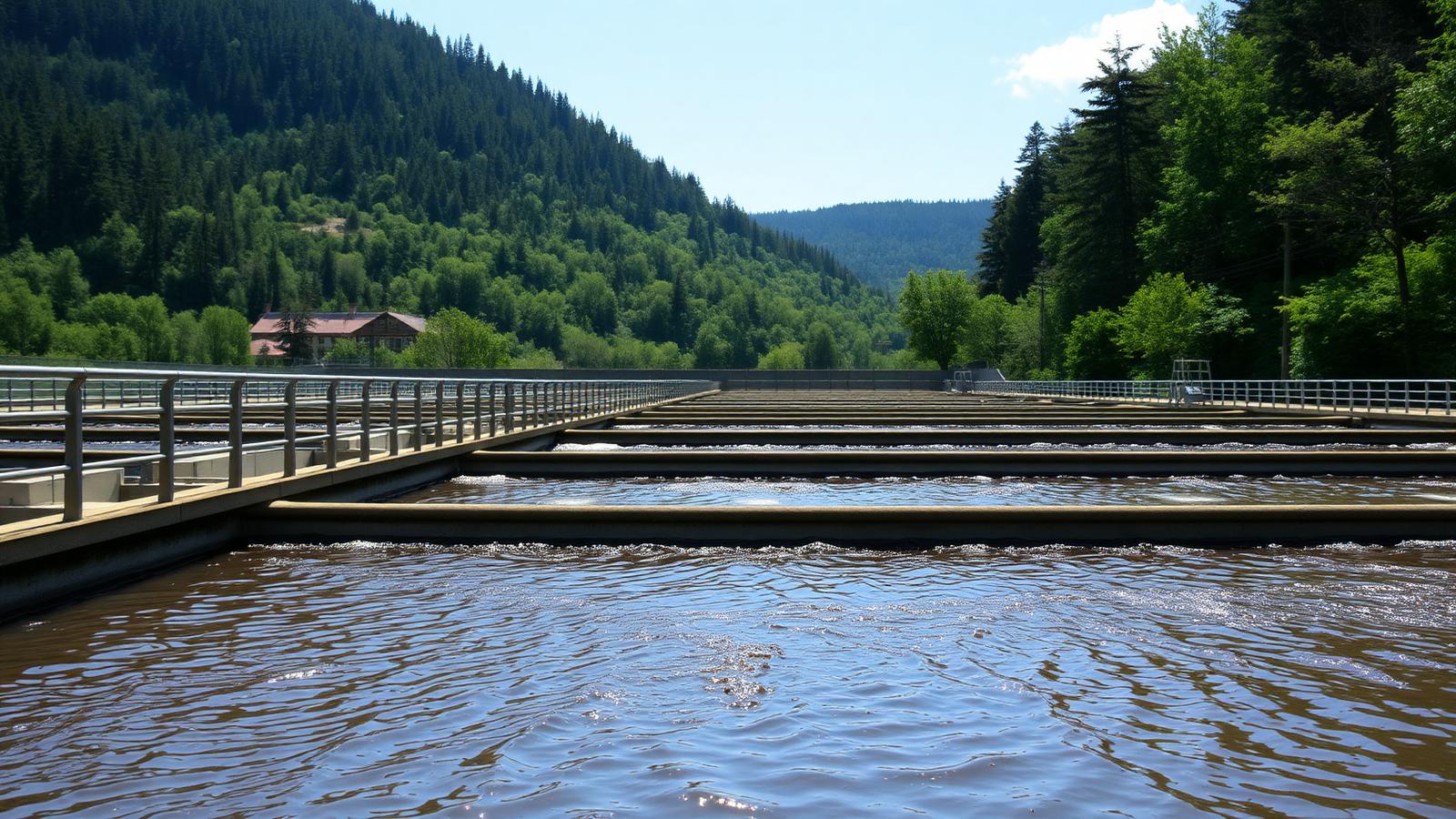 Aeration basins at a municipal wastewater treatment plant below wooded hills