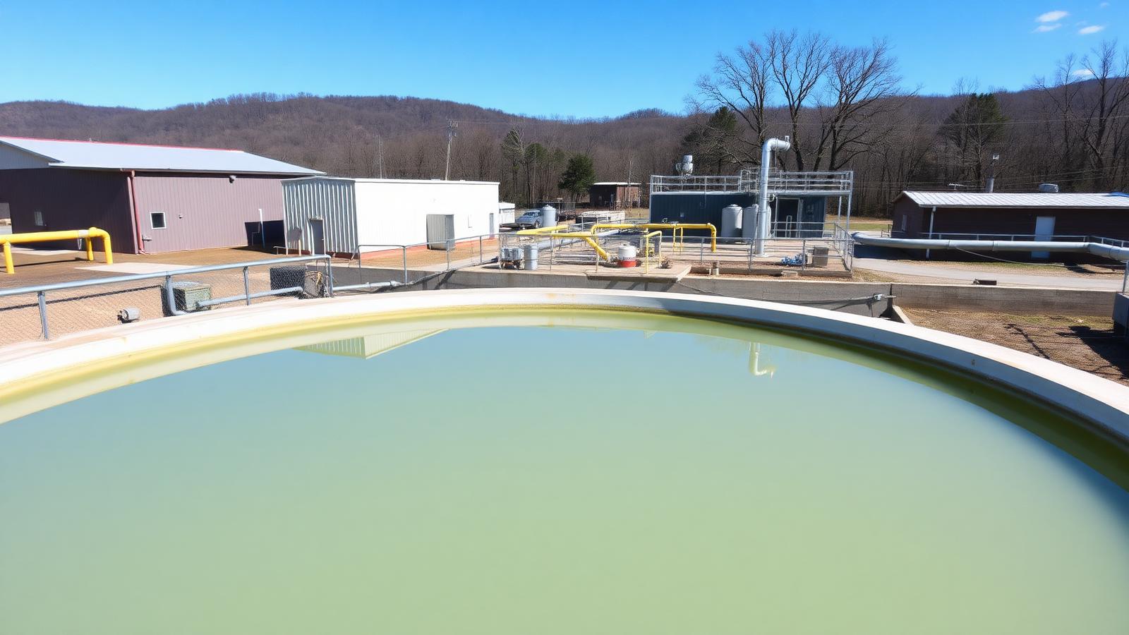Clarifier tanks and piping at a small-town water treatment plant