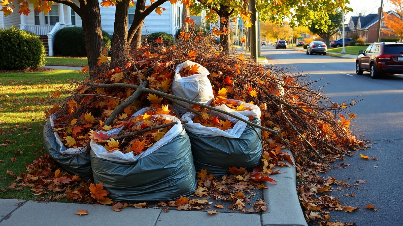 Bagged leaves and cut limbs stacked at the curb of a residential street in autumn