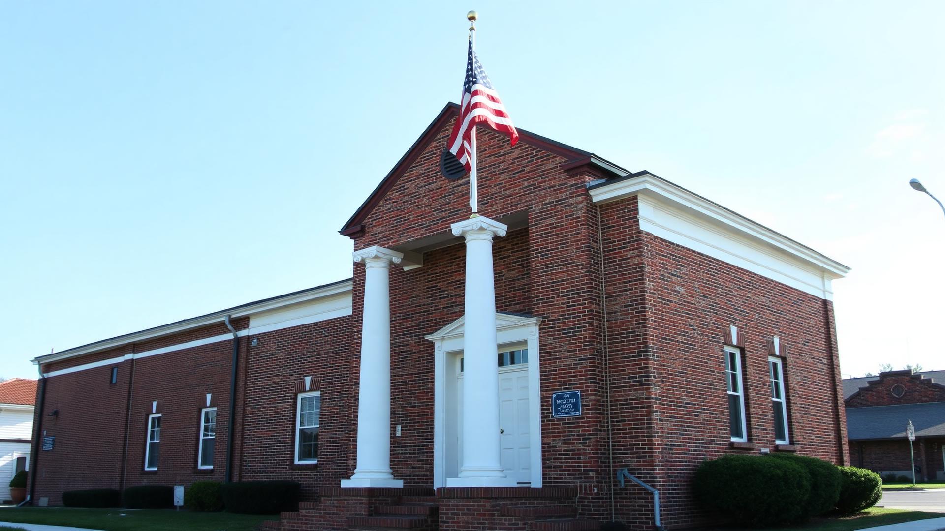 The brick Wilkesboro Town Hall building with white columns and a flag