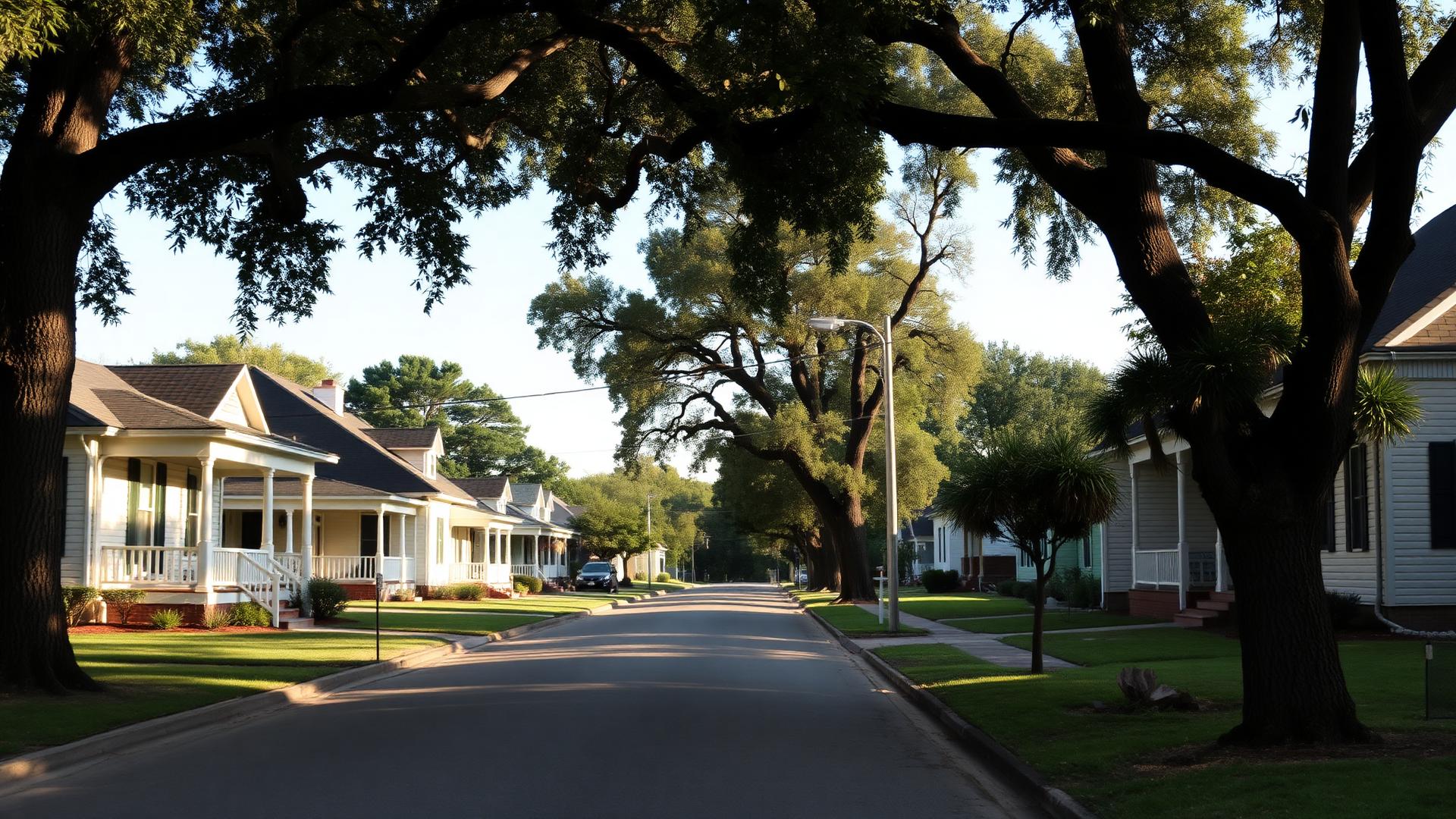 A tree-lined residential street of porch-front houses
